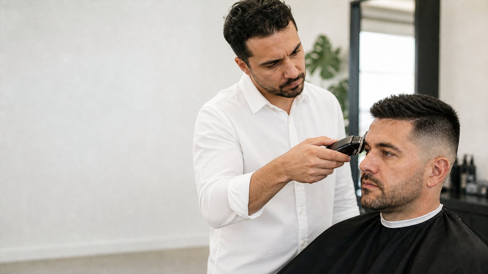 Barber using clippers to refine an adult client's haircut