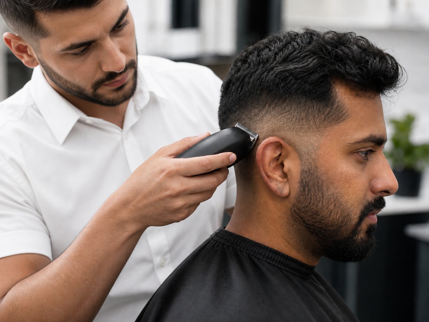 Male barber in a white shirt making a precise clipper cut.