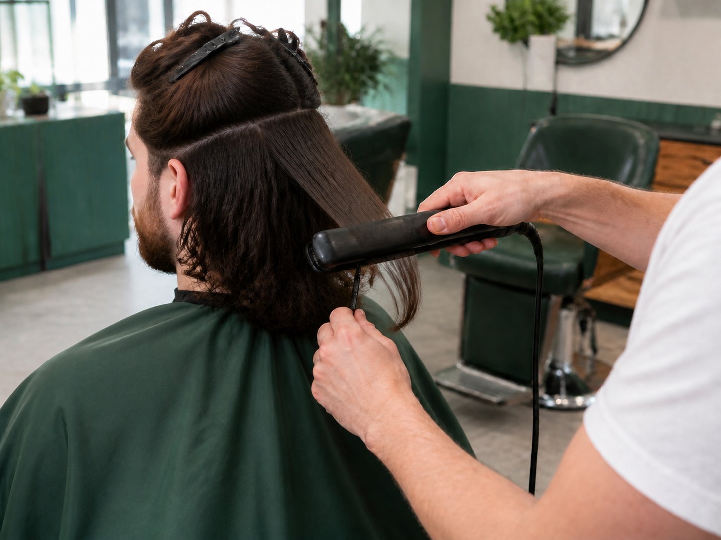 Male barber in a white shirt applying a thermal treatment to an adult male client.