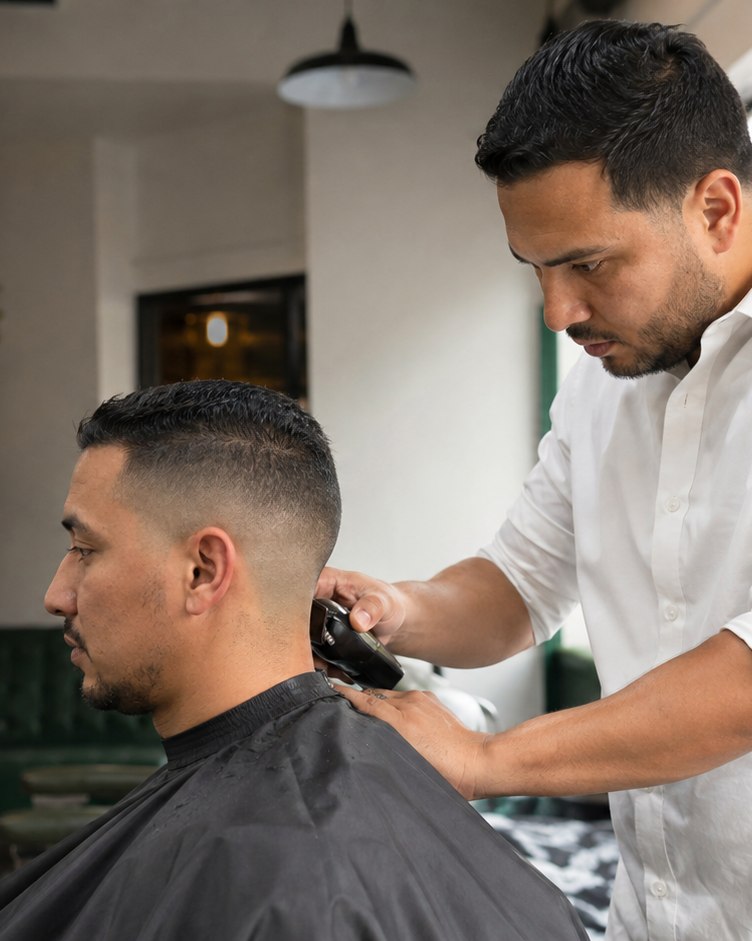 Low-fade detailing on an adult client by a male barber in a white shirt