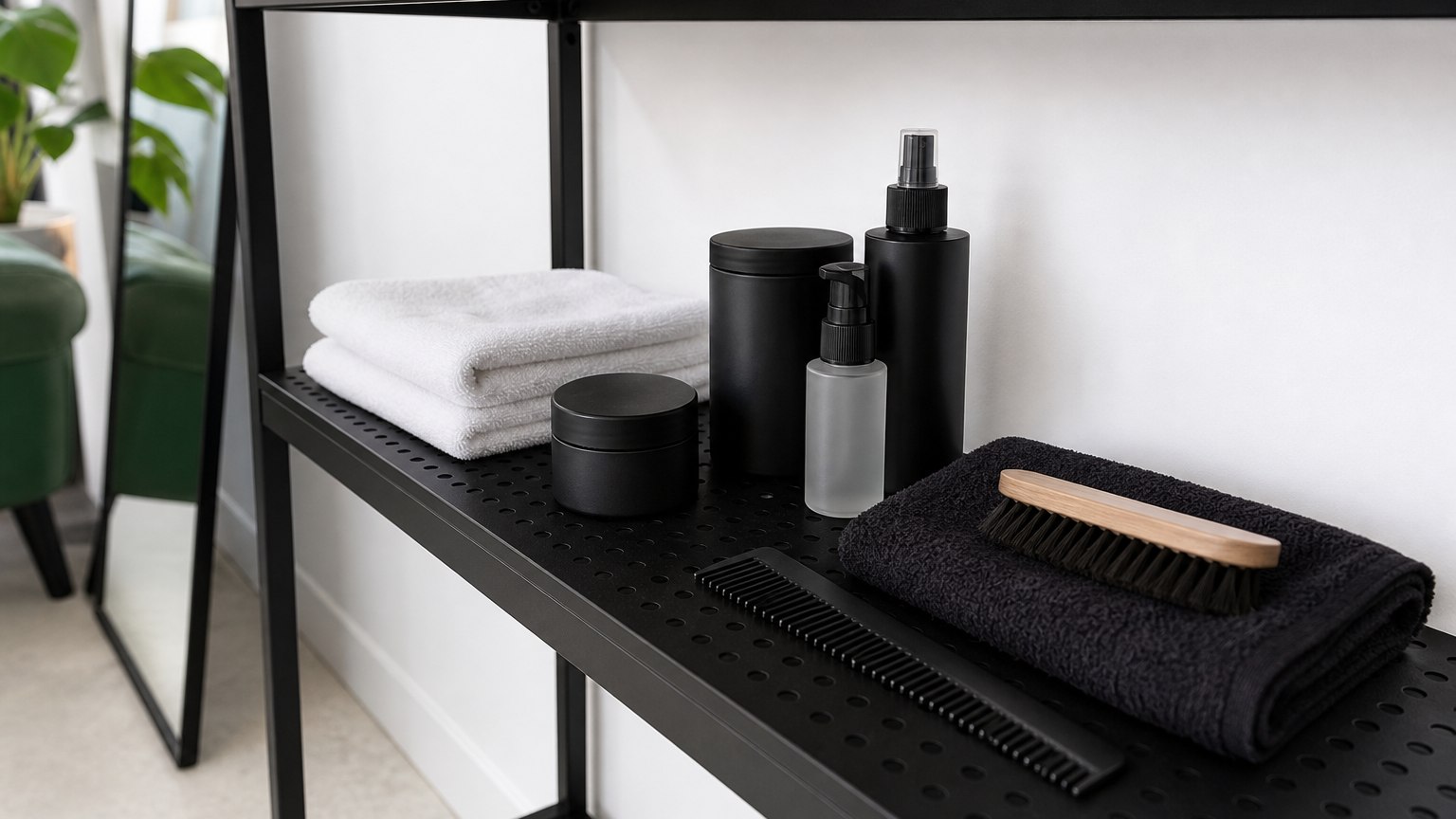 Grooming products, towels, comb and brush arranged on a black shop shelf