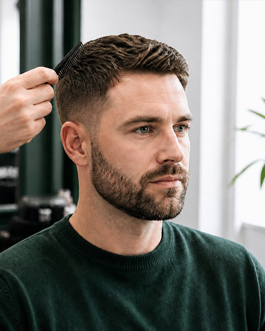 Textured taper and shaped beard hairstyle reference on an adult man