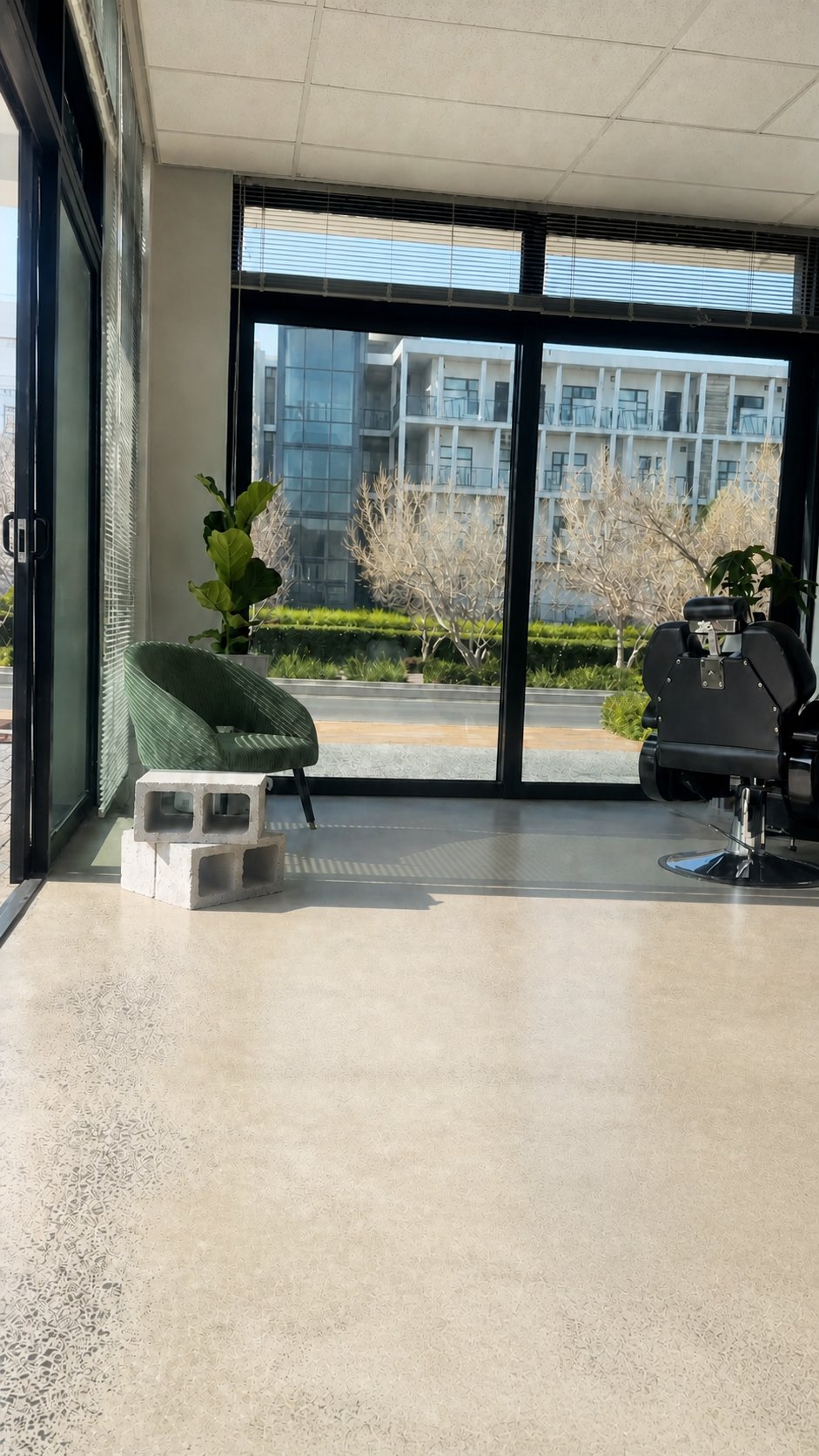 The quiet front waiting area with green chair and clear glazing