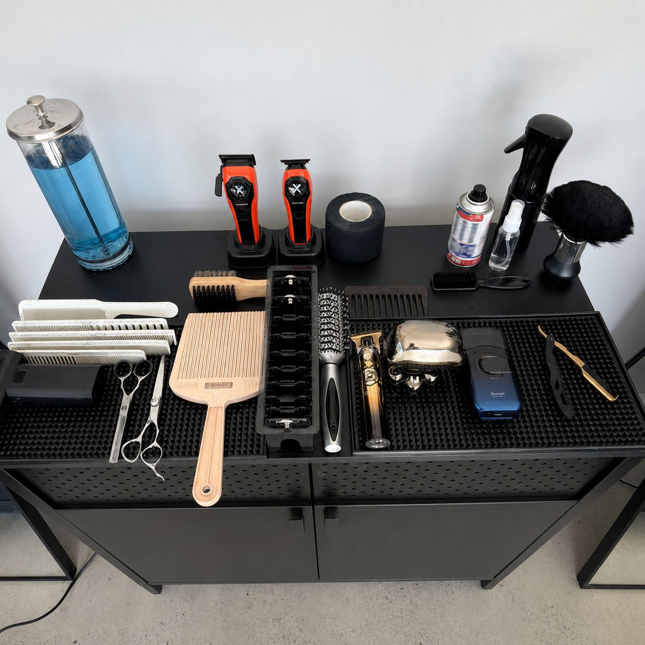 Barber tools arranged neatly across a black workstation