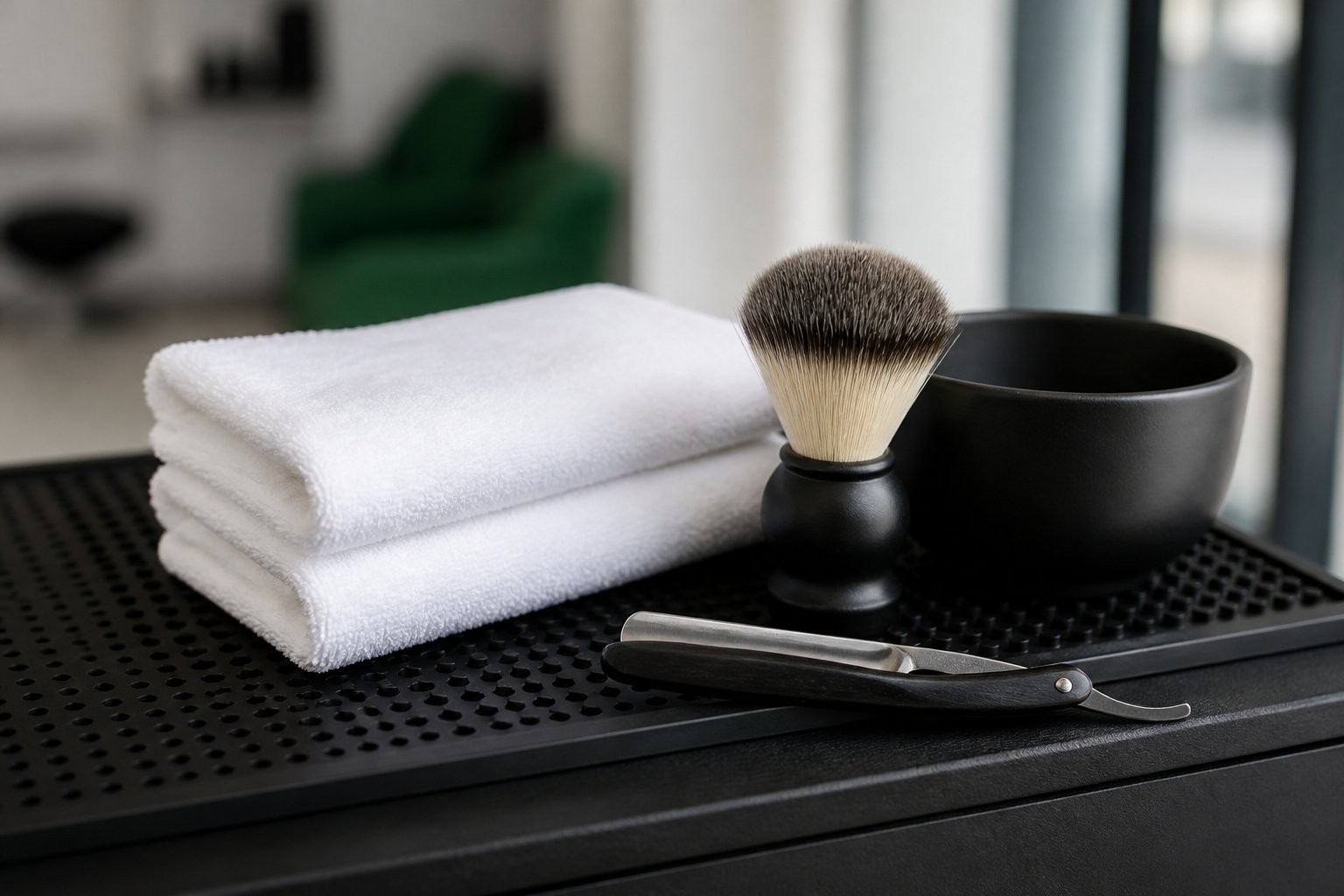 Folded white towels, shaving brush, bowl and razor on a black trolley