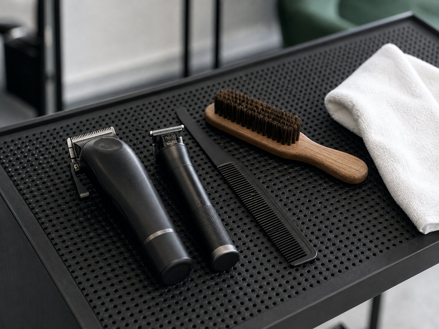 Clippers, trimmer, comb, beard brush and towel on a black trolley