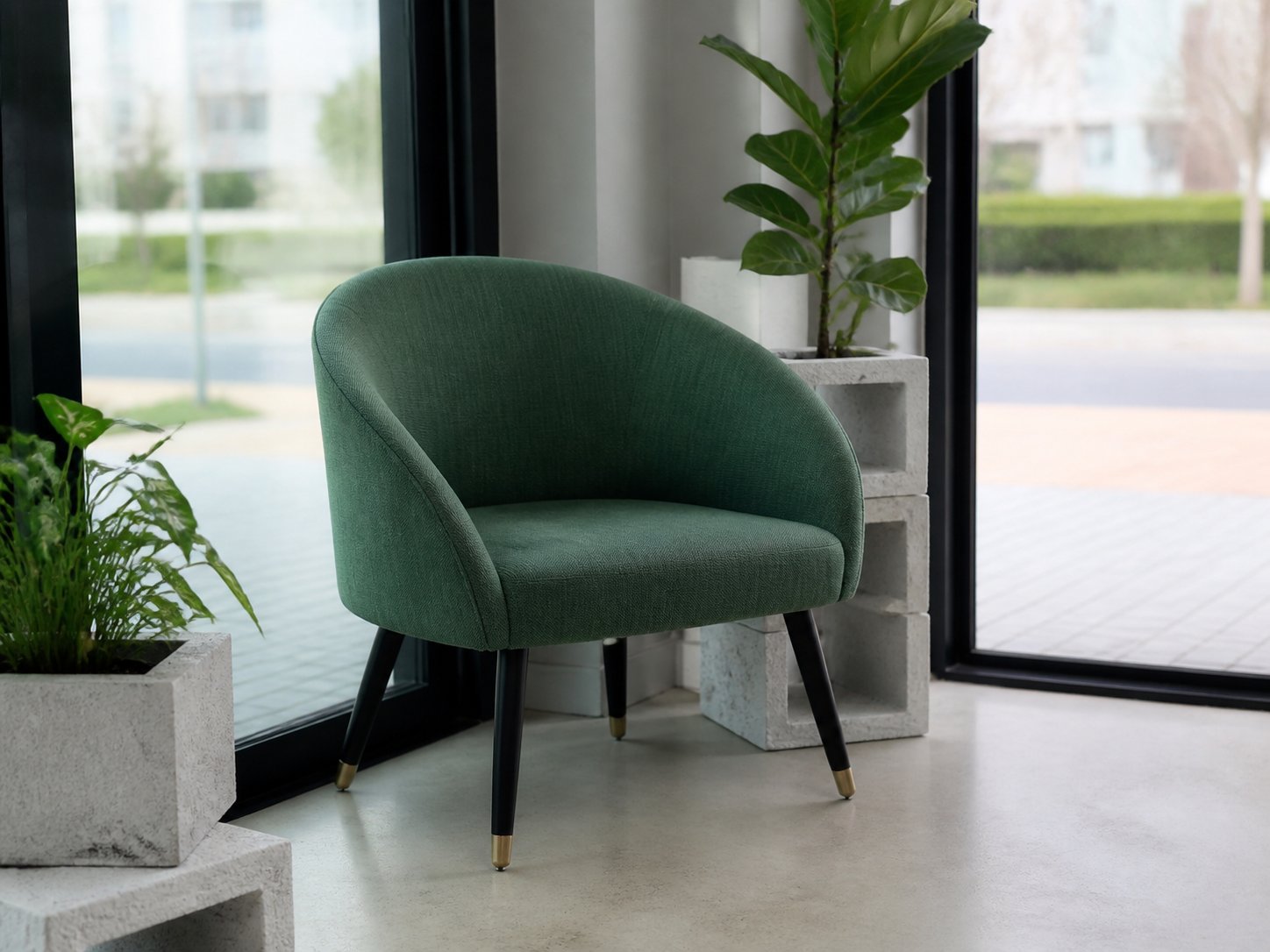 Green waiting chair beside plants and the bright front glazing