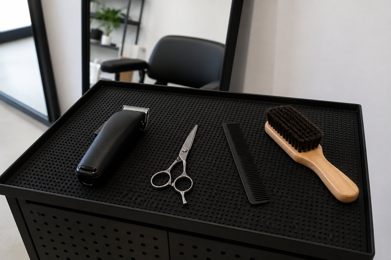 Clipper, scissors, comb and brush prepared on a black workstation