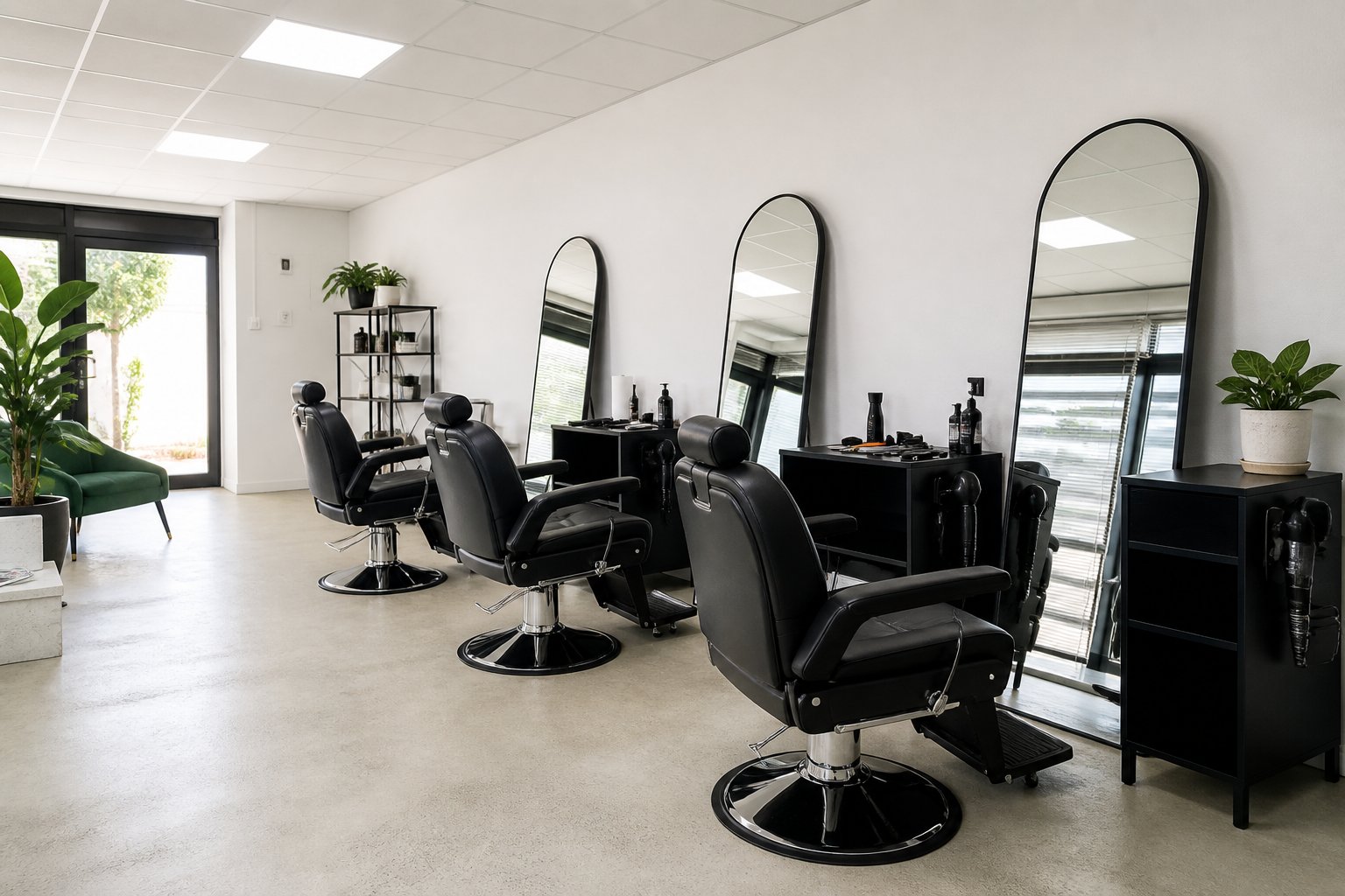 A bright row of black barber chairs and arched mirrors