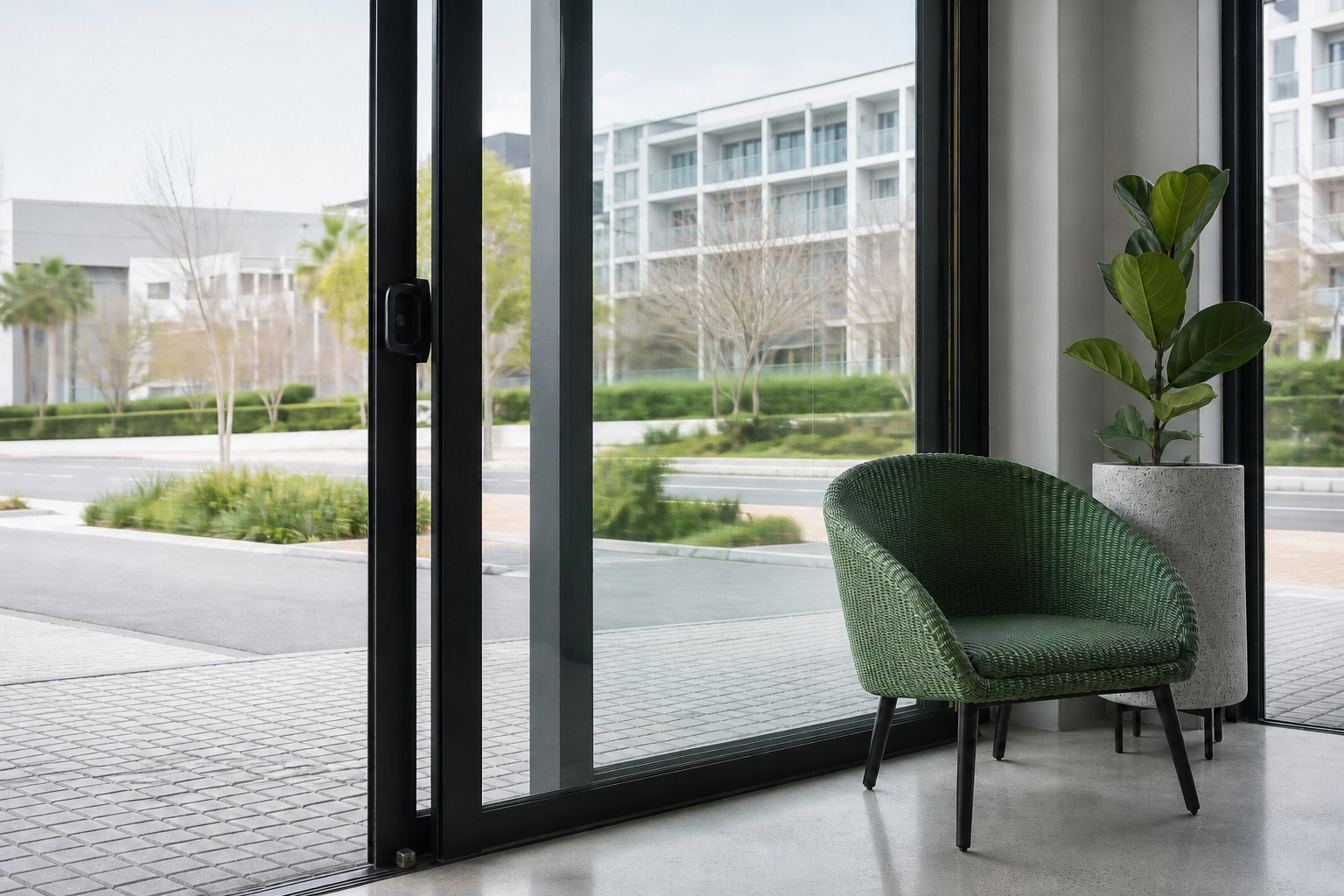 Green waiting chair beside the glazed shop entrance