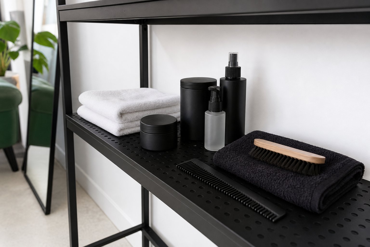 Plain grooming containers, towels, comb and brush on a black shelf